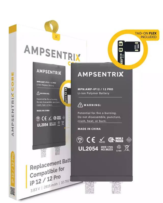 Cellule de batterie nue à souder pour Apple iPhone 12 / 12 Pro (soudure par points requise, AmpSentrix Core) — réf. 107082071213