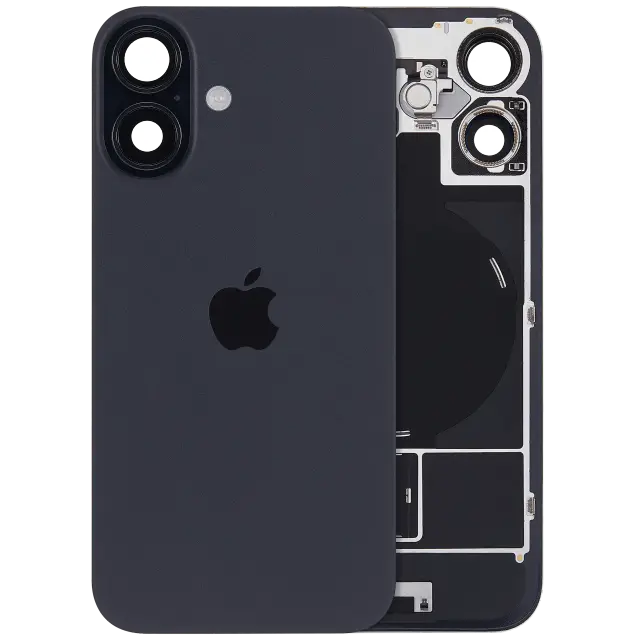 Vitre arrière avec MagSafe, NFC et nappe flash pour Apple iPhone 16 (UK / EU Version, origine, noir)
