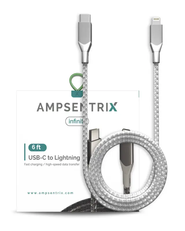 Câble USB-C vers Lightning AmpSentrix Infinity (non MFi, 1,8 m, argent)