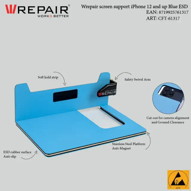 Support d’écran ESD Wrepair pour iPhone 12 et ultérieurs (bleu)