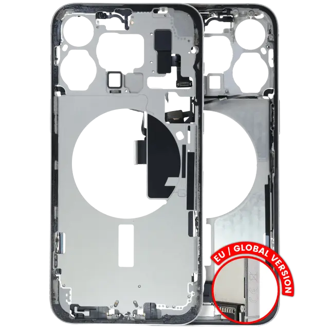 Châssis pour Apple iPhone 15 Pro Max (version EU, origine d'occasion — grade B, White Titanium) — Châssis central avec connecteur de charge Flex et petites pièces