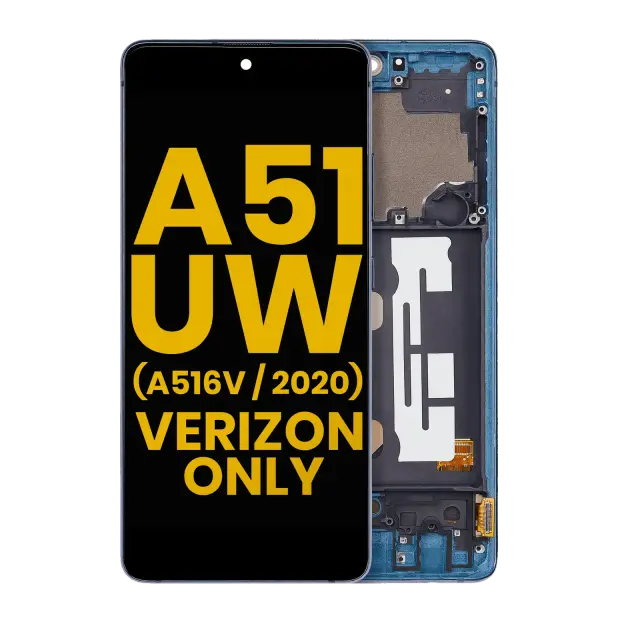Écran OLED avec châssis pour Samsung Galaxy A51 5G UW (A516V / 2020) (Verizon 5G UW Frame Only) (reconditionné, Prism Bricks Blue)