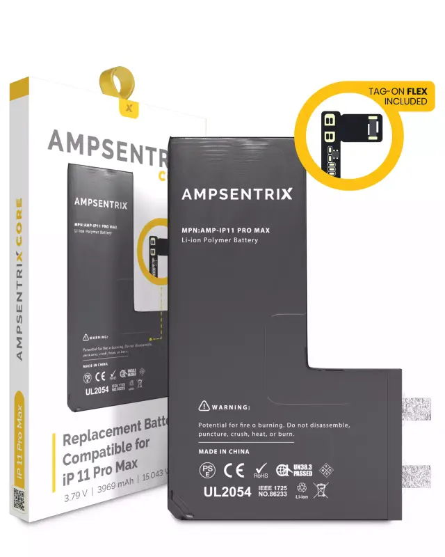 Cellule de batterie nue à souder pour Apple iPhone 11 Pro Max (soudure par points requise, AmpSentrix Core) — réf. 107082071228