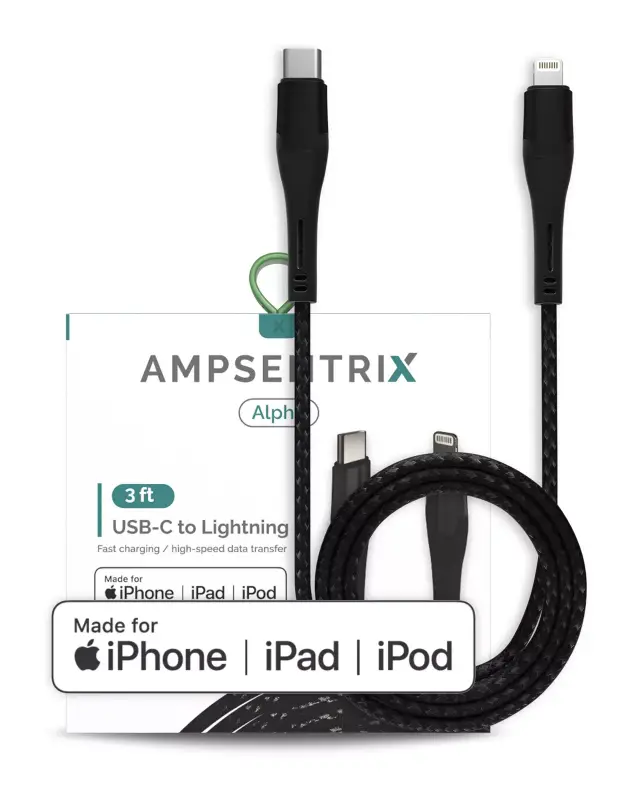 Câble Lightning vers USB-C AmpSentrix Alpha (certifié MFi, 1 m, noir)