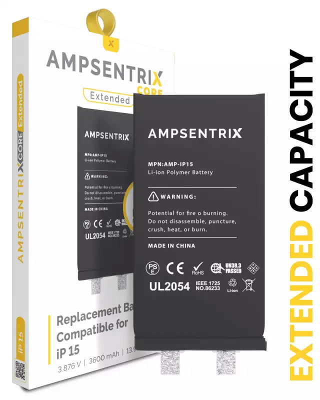 Batterie nue à souder pour Apple iPhone 15 (soudure par points requise, AmpSentrix Core Extended)