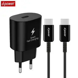 Chargeur Secteur USB-C d-power J8548B Charge Rapide 25W avec Câble Data Type-C vers Type-C Noir