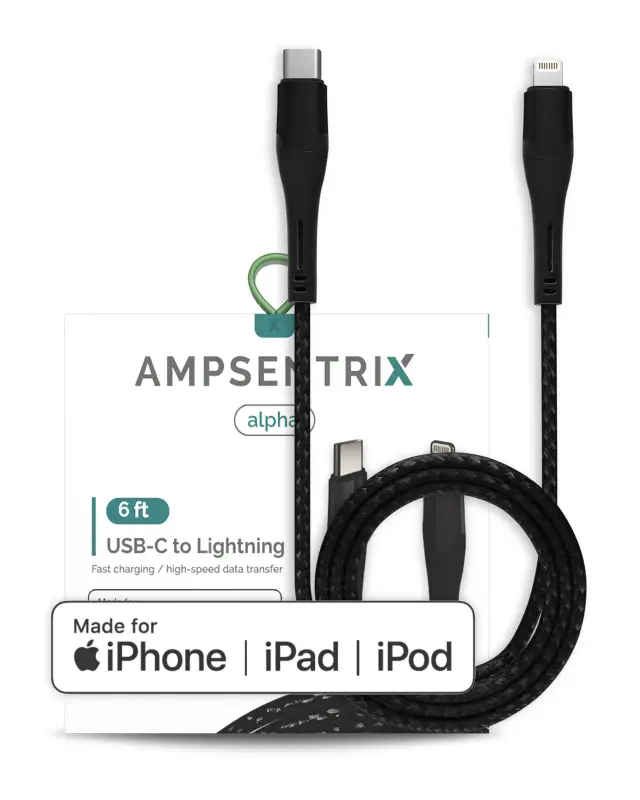 Câble Lightning vers USB-C AmpSentrix Alpha (certifié MFi, 1,8 m, noir)