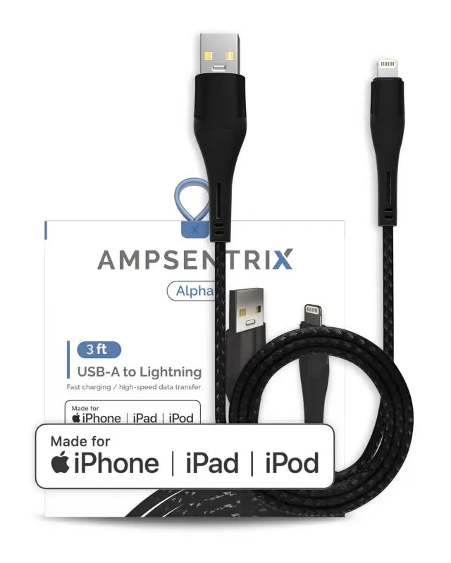 Câble Lightning vers USB-A AmpSentrix Alpha (certifié MFi, 1 m, noir)