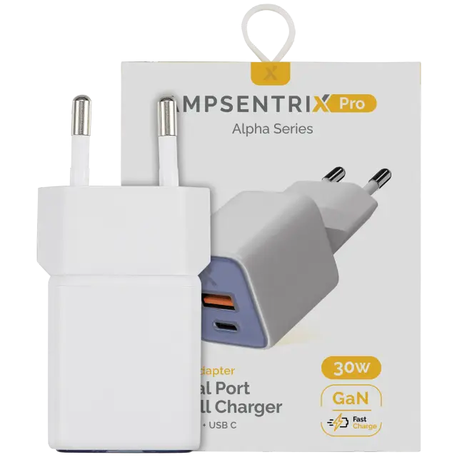 Chargeur secteur AmpSentrix Pro 30W 2-in-1 USB-C / USB-A GaN (prise EU, 220 V, bleu outremer)