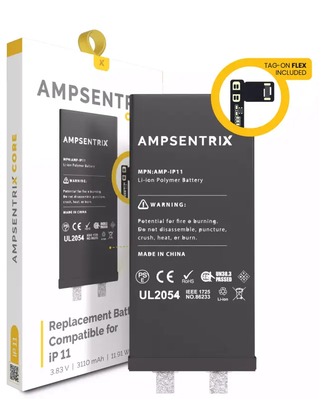 Cellule de batterie nue à souder pour Apple iPhone 11 (soudure par points requise, AmpSentrix Core) — réf. 107082071226