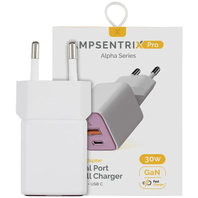 Chargeur secteur AmpSentrix Pro 30W 2-in-1 USB-C / USB-A GaN (prise EU, 220 V, rose)