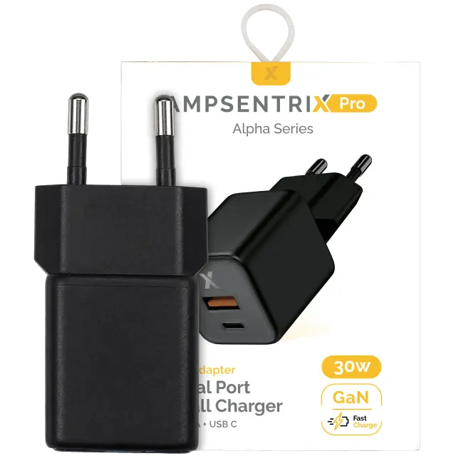 Chargeur secteur AmpSentrix Pro 30W 2-in-1 USB-C / USB-A GaN (prise EU, 220 V, titane noir)