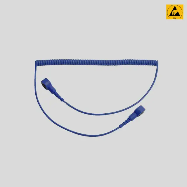 Cordon spiralé de terre ESD 1,8 m à boutons-pression 10 mm aux deux bouts, pour bracelet antistatique (bleu foncé)