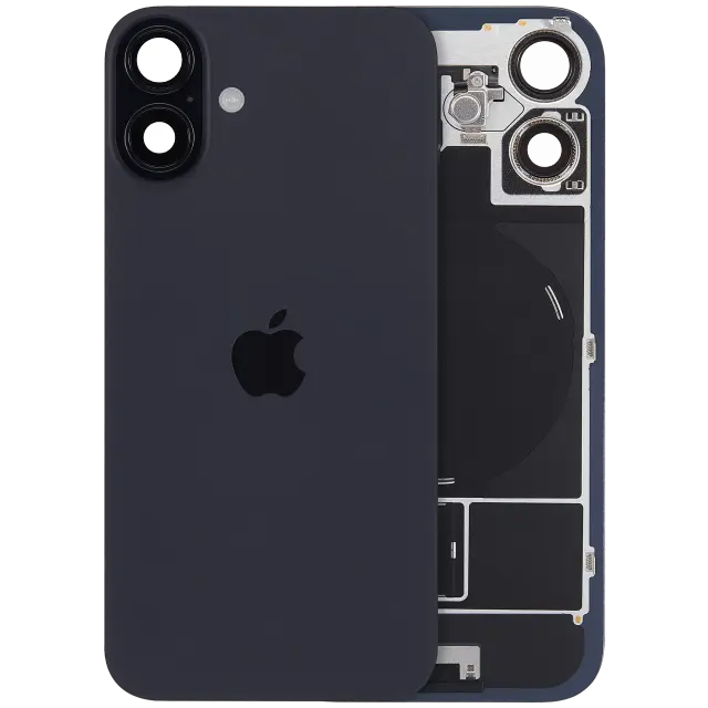 Vitre arrière avec MagSafe, NFC et nappe flash pour Apple iPhone 16 plus (UK / EU Version, origine, noir)
