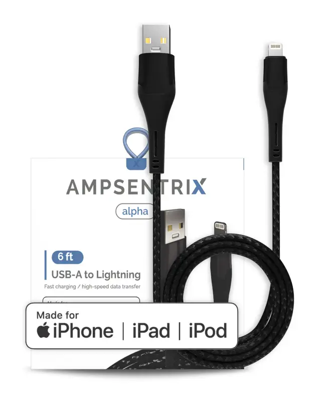 Câble Lightning vers USB-A AmpSentrix Alpha (certifié MFi, 1,8 m, noir)