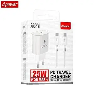 Chargeur Secteur USB-C d-power J8548 Charge Rapide 25W avec Câble Data Type-C vers Type-C Blanc
