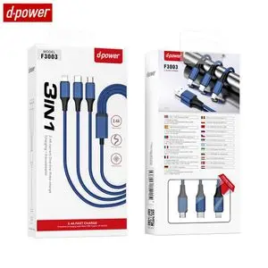 Câble Data Multi d-power F3003 USB vers Lightning + USB-C + Micro USB Bleu