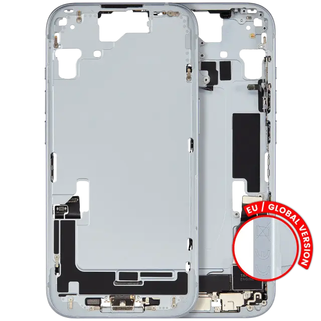 Châssis pour Apple iPhone 15 (version EU, origine d'occasion — grade A, bleu) — Châssis central avec connecteur de charge Flex et petites pièces