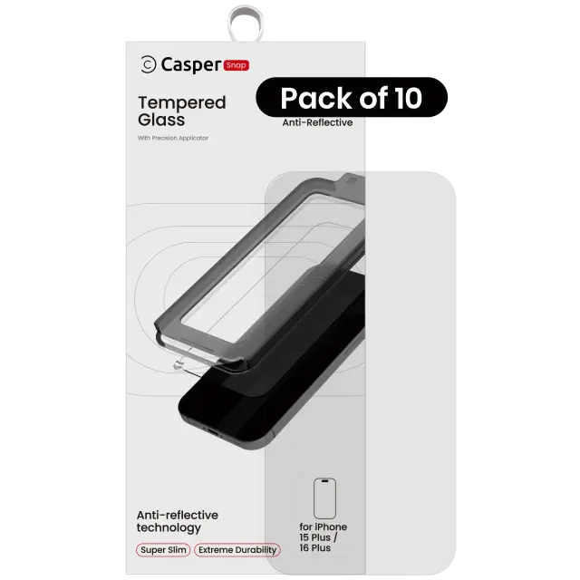 Verres trempés Casper Snap pour iPhone 15 Plus / 16 Plus (lot de 10, transparents antireflets) — vue 1