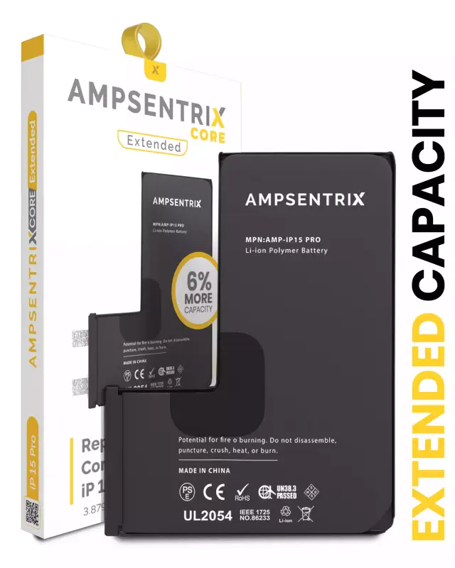 Batterie nue à souder pour Apple iPhone 15 Pro (soudure par points requise, AmpSentrix Core Extended)