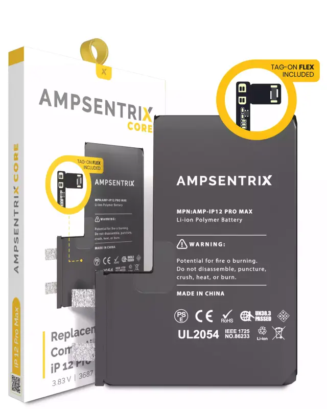 Cellule de batterie nue à souder pour Apple iPhone 12 Pro Max (soudure par points requise, AmpSentrix Core) — réf. 107082071216