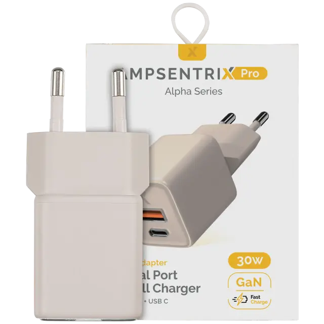 Chargeur secteur AmpSentrix Pro 30W 2-in-1 USB-C / USB-A GaN (prise EU, 220 V, titane sable)
