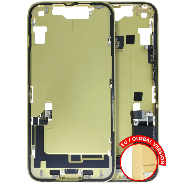 Châssis pour Apple iPhone 14 (version EU, origine d'occasion — grade B, jaune) — Châssis central avec connecteur de charge Flex et petites pièces