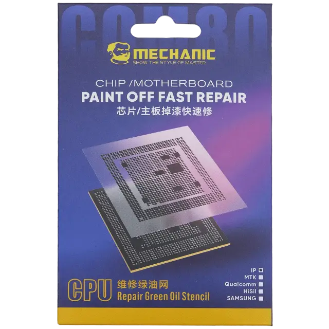 Pochoir à vernis vert pour réparation CPU Mechanic COM80 (A8 à A18 Pro) — iPhone 6 à 16 (toute la série)