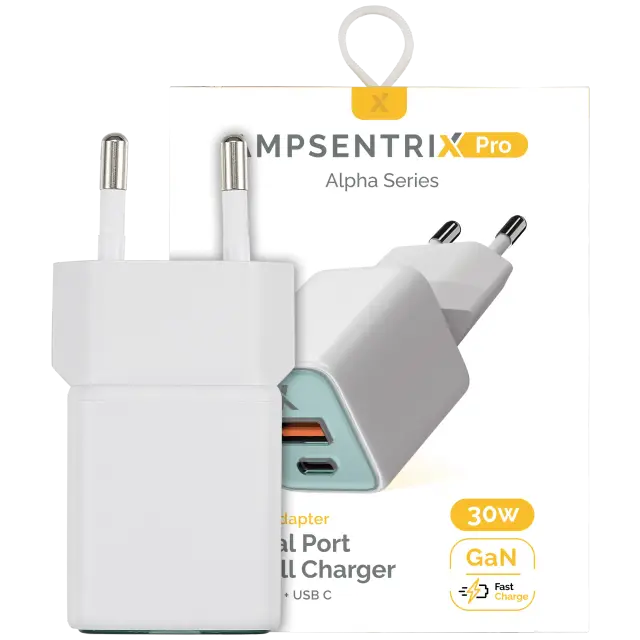 Chargeur secteur AmpSentrix Pro 30W 2-in-1 USB-C / USB-A GaN (prise EU, 220 V, turquoise)
