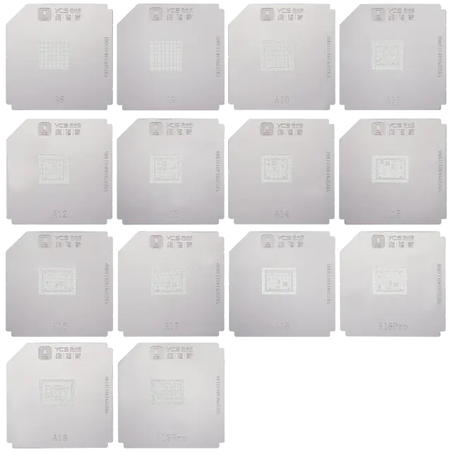 Kit de pochoirs de rebillage YCS pour puces Apple A8 à A19 Pro (jeu de 14 pièces)