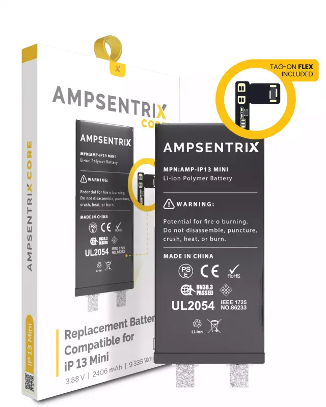 Cellule de batterie nue à souder pour Apple iPhone 13 Mini (soudure par points requise, AmpSentrix Core) — réf. 107082071219